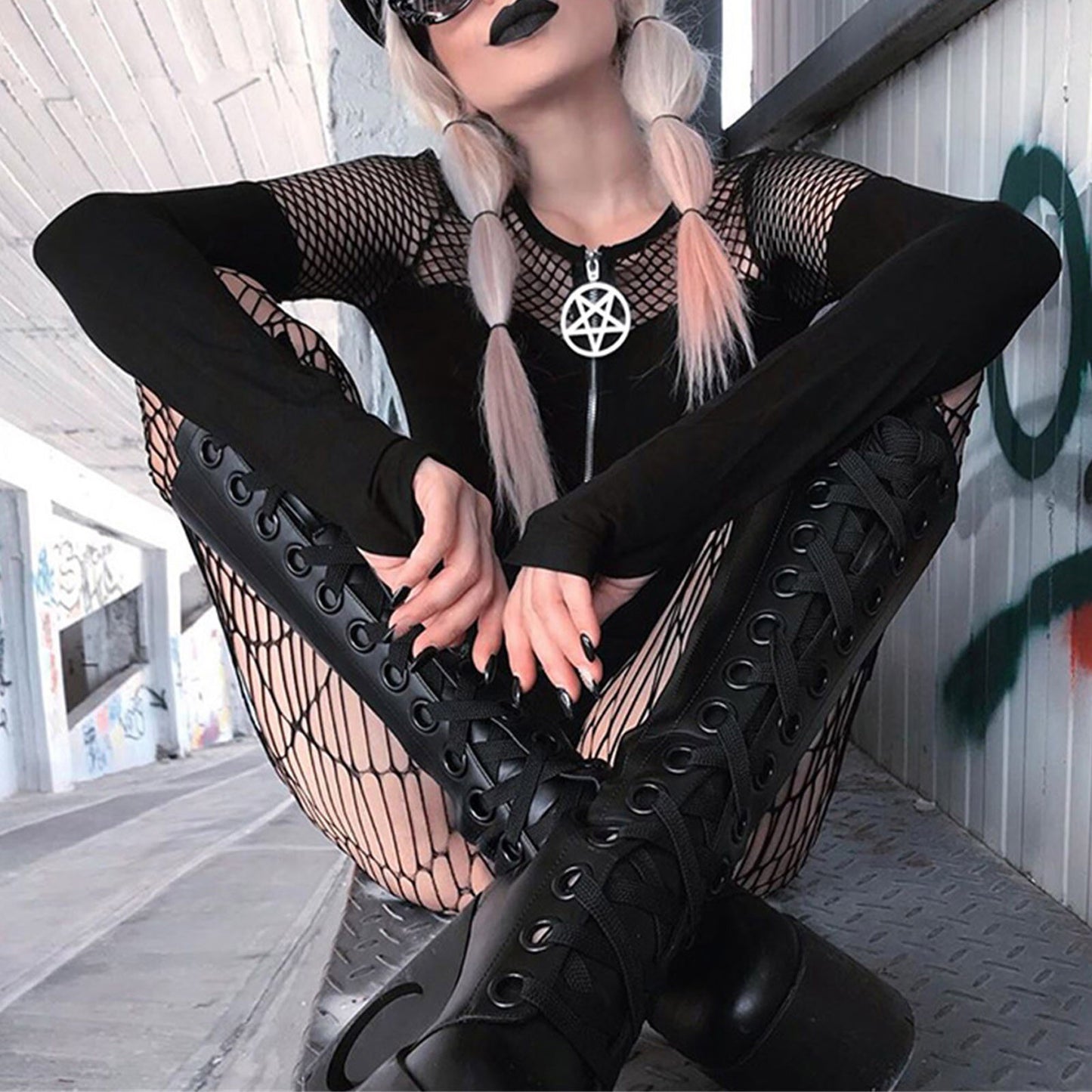 Gothic Pentagram Zipper Mesh Tee
