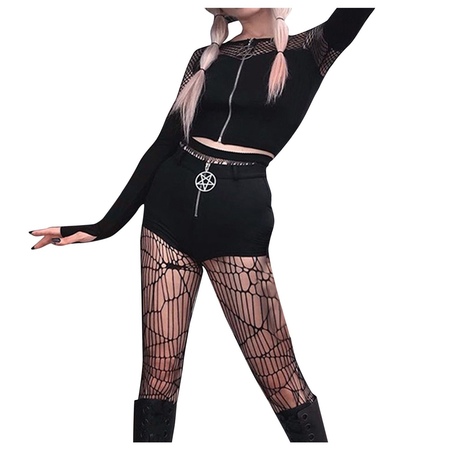Gothic Pentagram Zipper Mesh Tee
