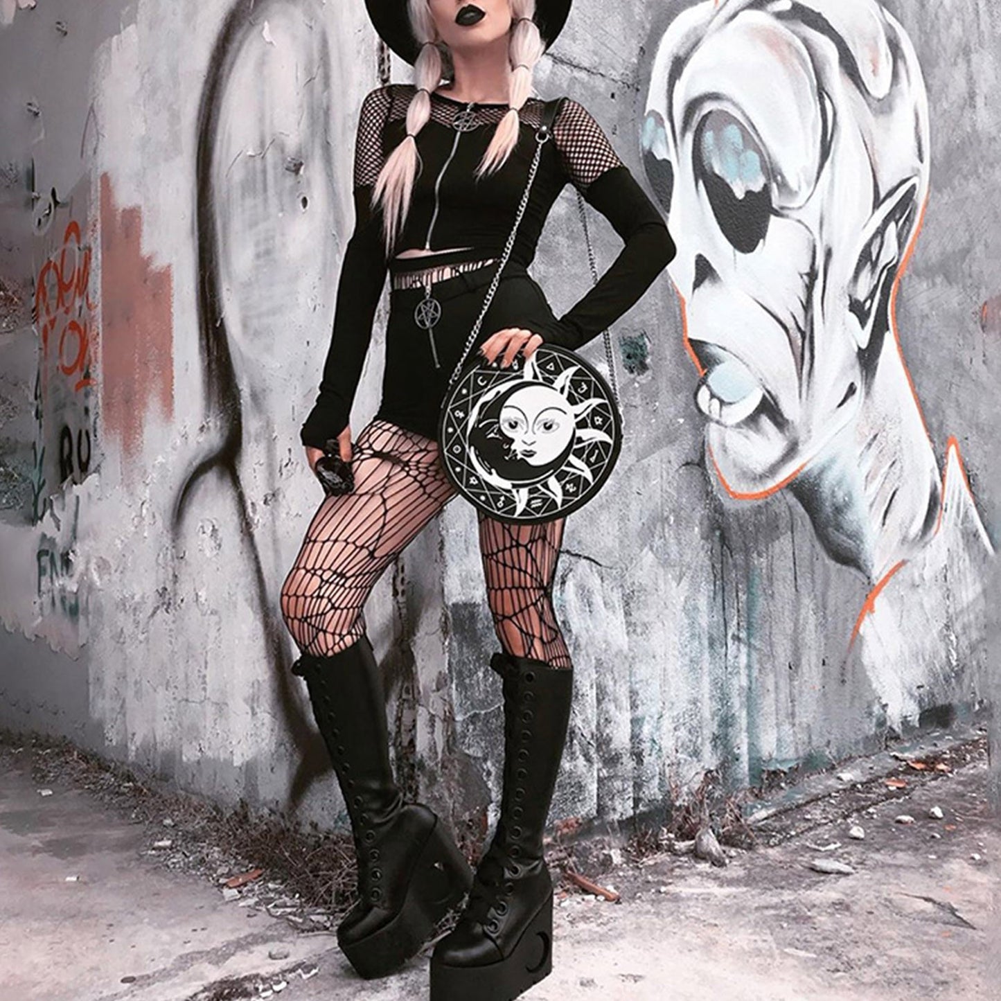 Gothic Pentagram Zipper Mesh Tee