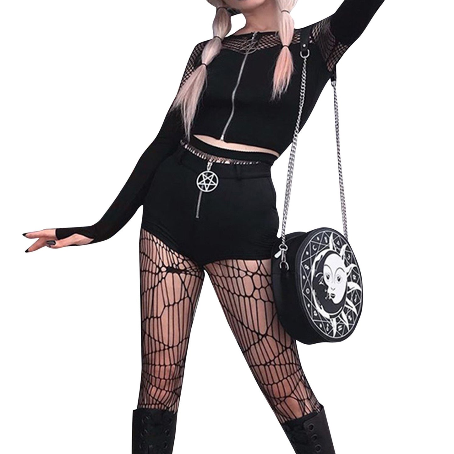 Gothic Pentagram Zipper Mesh Tee