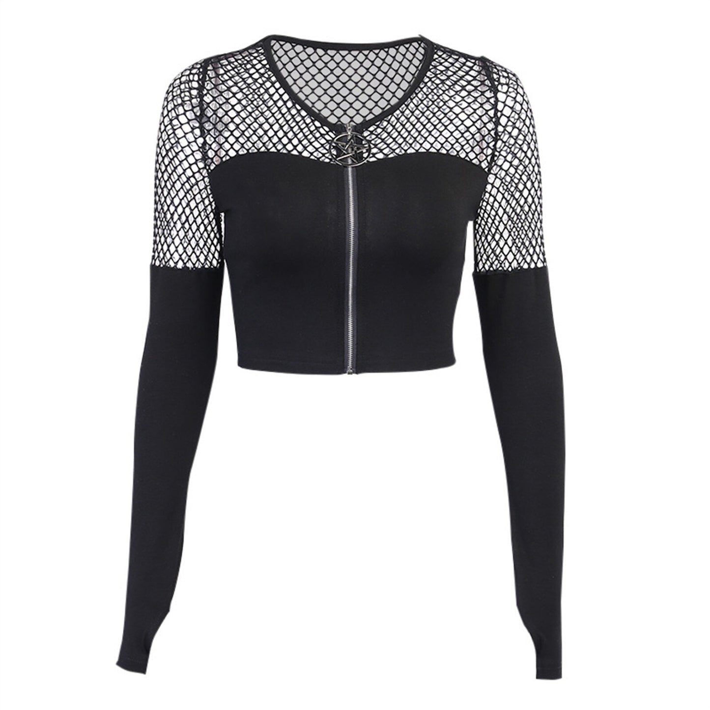 Gothic Pentagram Zipper Mesh Tee
