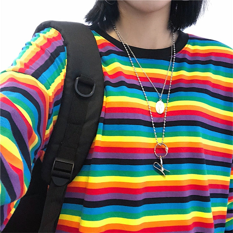 Bright Rainbow Striped Long Sleeves T Shirt