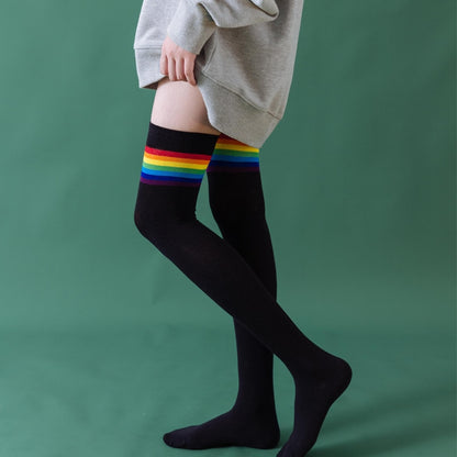 Rainbow Thigh High Tube Socks - Black