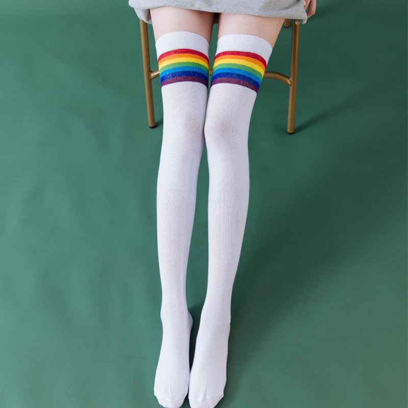 Rainbow Thigh High Tube Socks - White