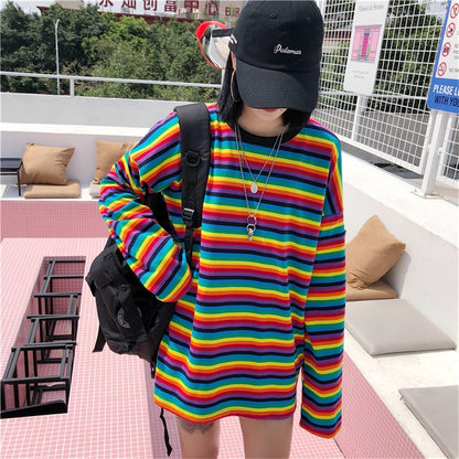 Bright Rainbow Striped Long Sleeves T Shirt