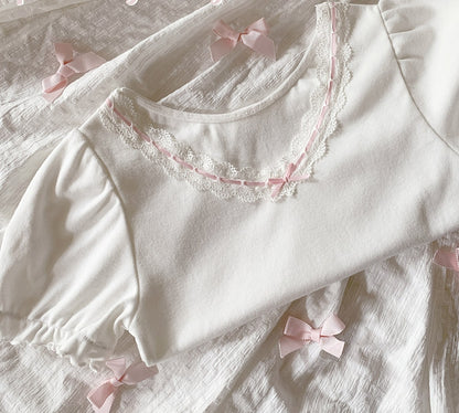 Simple Dollette White T-Shirt Sweet Girl Ribbon