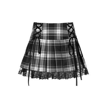 Gothic Plaid Skirt Black White Lace Trim