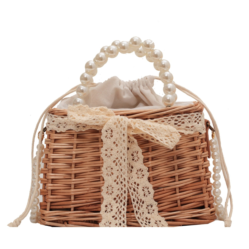Sweet Girl Straw Woven Bag Bow Pearls