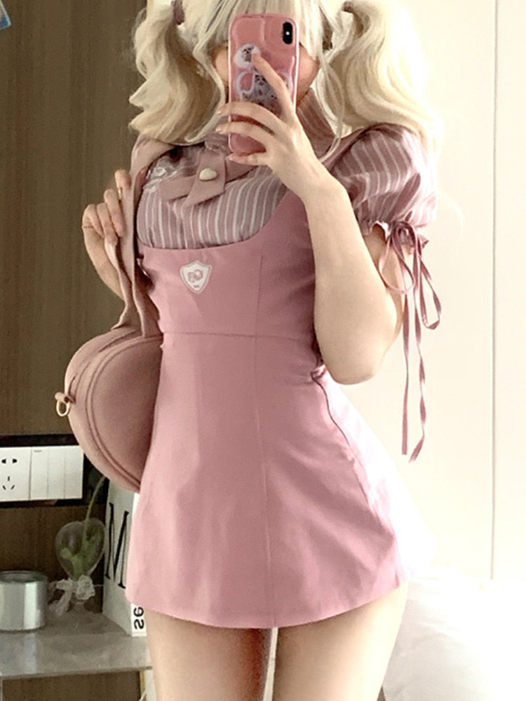 Sweet Girl Pink Blouse Suspender Dress Set