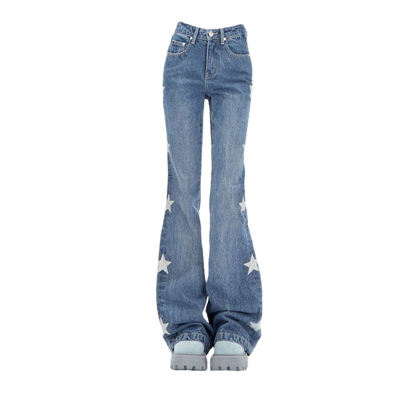 Y2K Aesthetic Vintage 90s Grunge Dark Blue Denim Low Rise Flared Jeans –  The Kawaii Factory