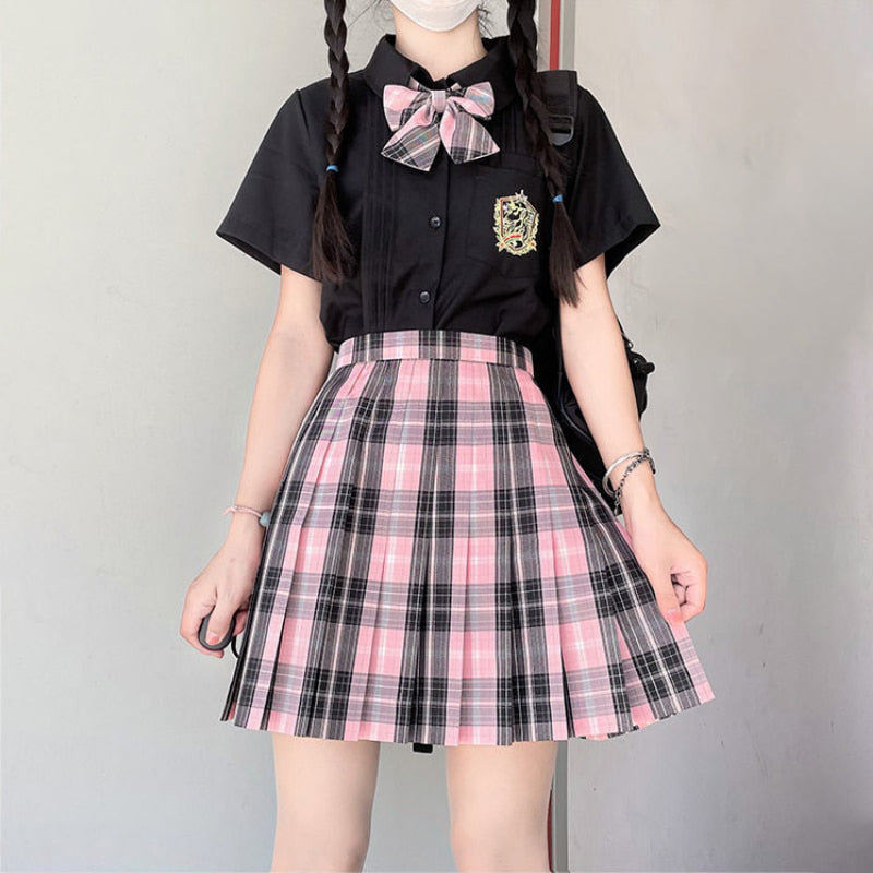 Black Pink Preppy Style Plaid Skirt
