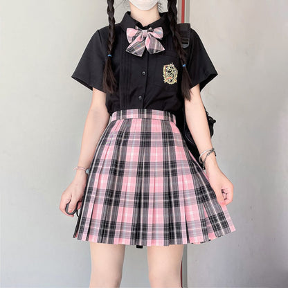 Black Pink Preppy Style Plaid Skirt