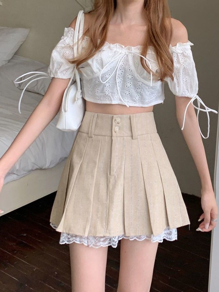 Korean Pleated Skirt Beige Lace Trim