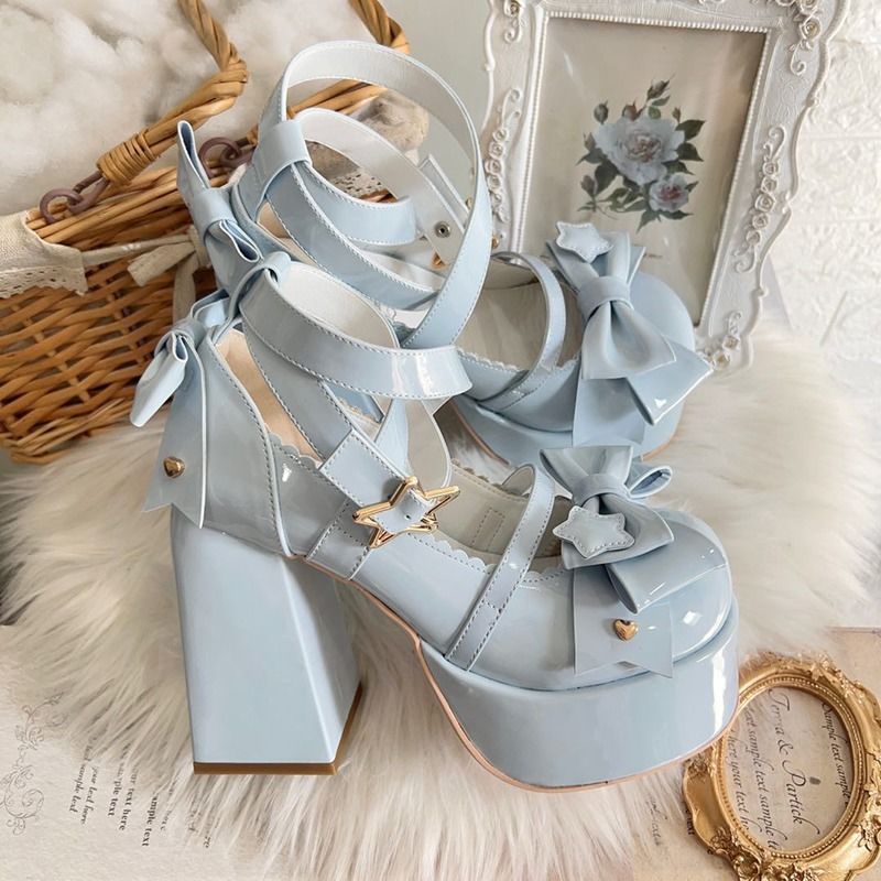 Sweet Bow Blue Mary Janes High Heels