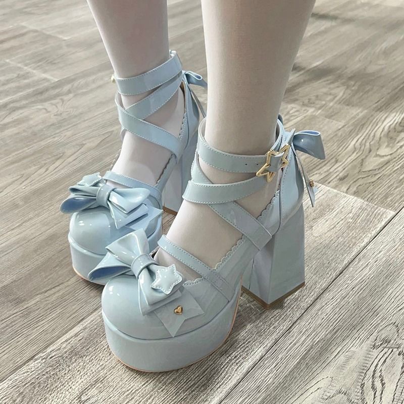 Sweet Bow Blue Mary Janes High Heels