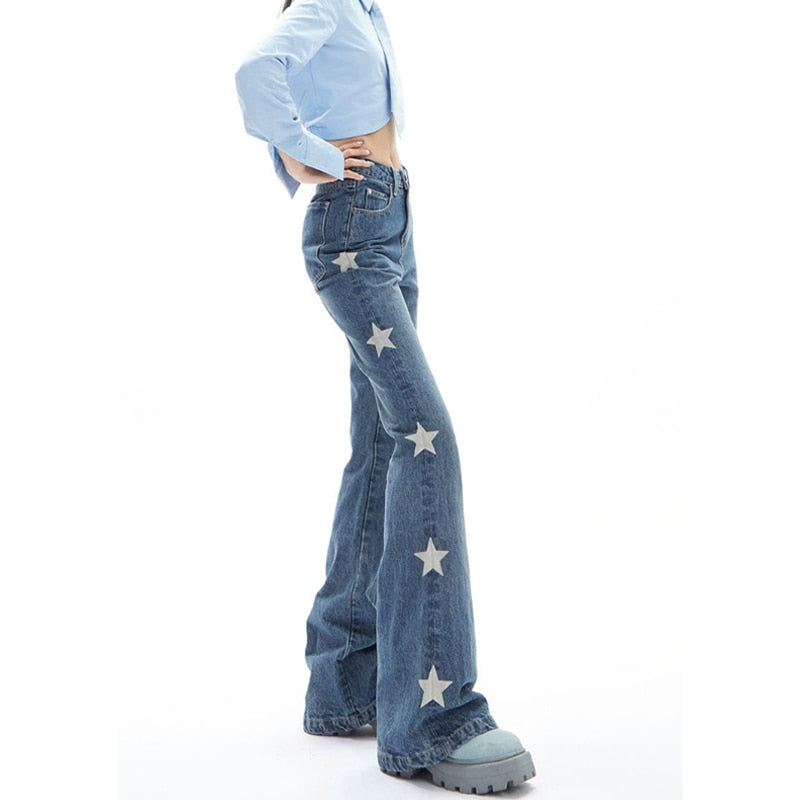 Hopecn Women's Y2K Flare Jeans Star Rhinestone Bell Bottom Pants Vintage  Aesthetic Streetwear Y2K Fashion