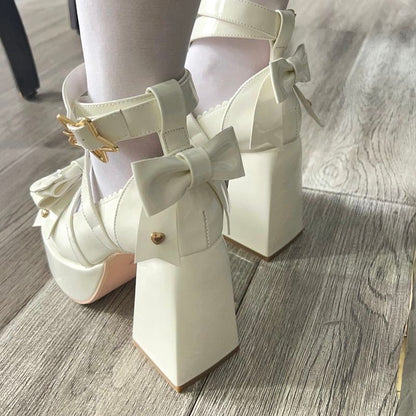 Sweet Bow White Mary Janes High Heels
