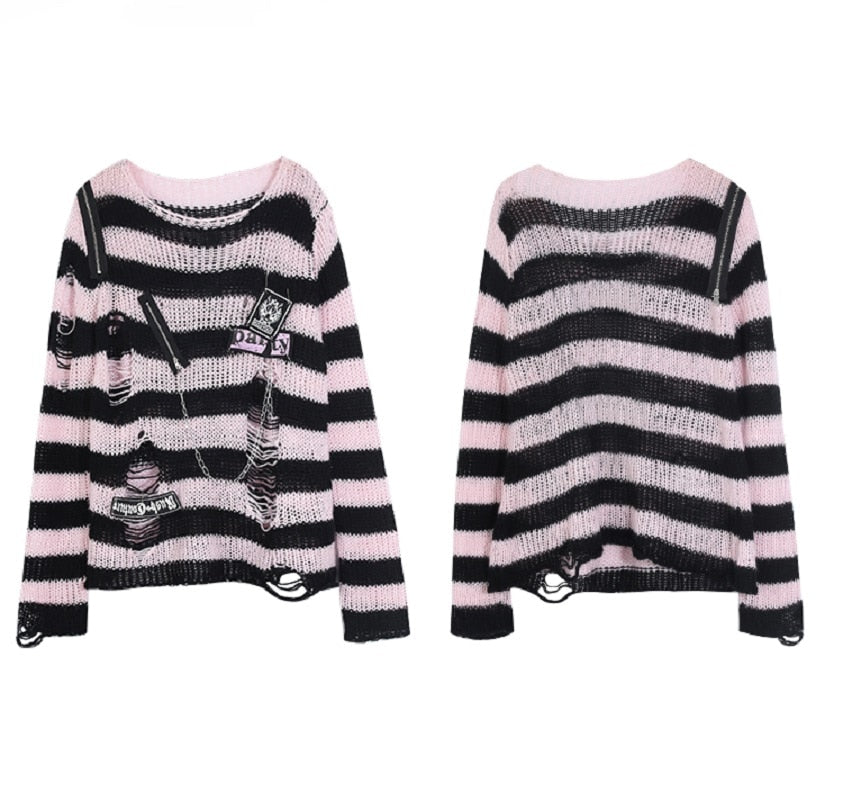 Black Pink Visual Kei Striped Sweater