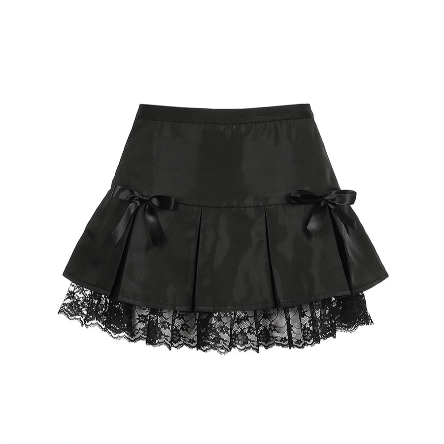 Goth Girl Mini Black Pleated Skirt Lace Trim