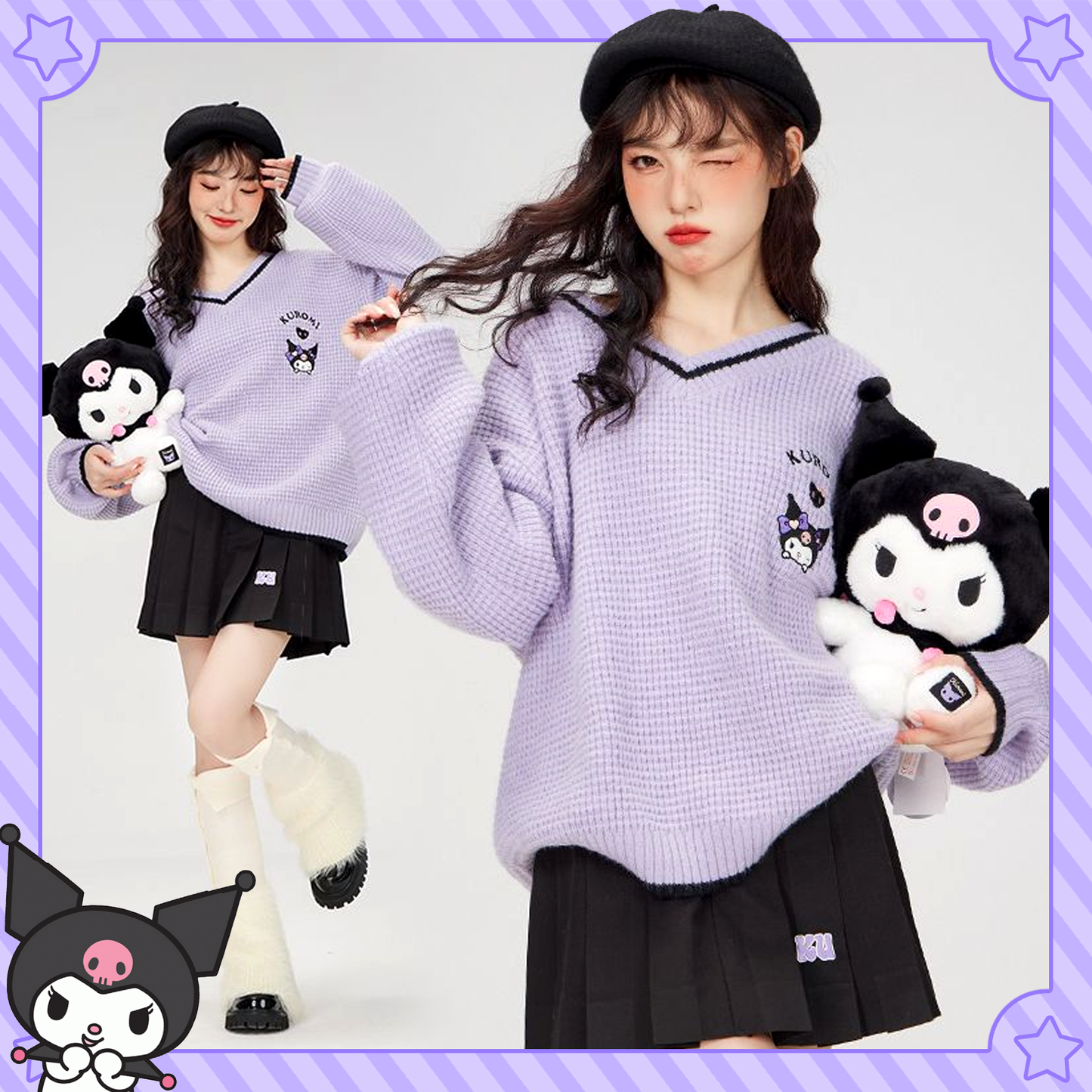 Kawaii Kuromi Knitted Sweater Sanriocore V-neck School uniform ...