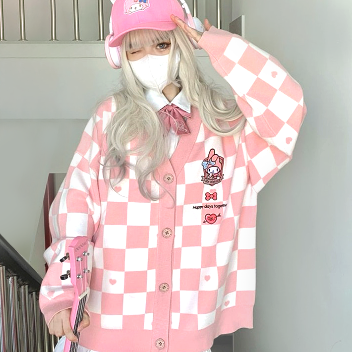 My Melody Sanrio Clothes - Kawaii Pink Checker Cardigan Sweater