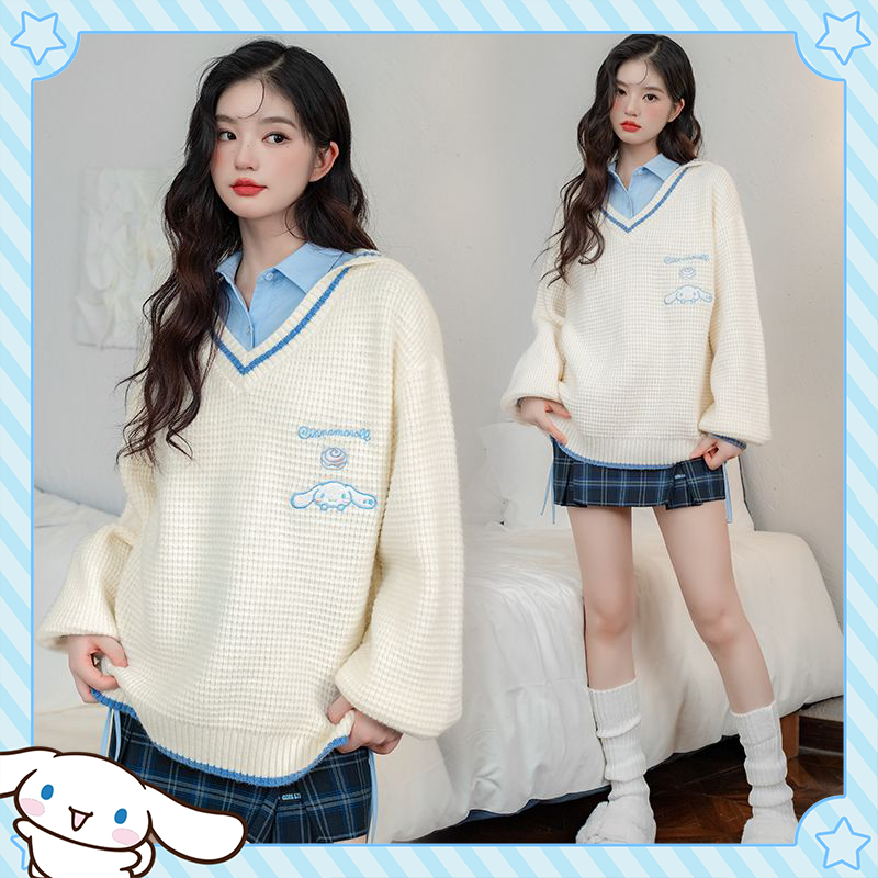 Kawaii Cinnamoroll Knitted Sweater Sanrio V-neck Preppy Outfit ...