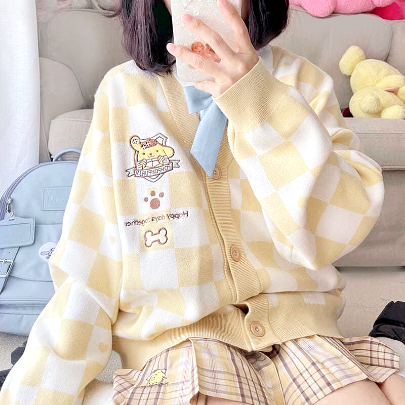 Pompompurin Yellow Checker Cardigan Sweater