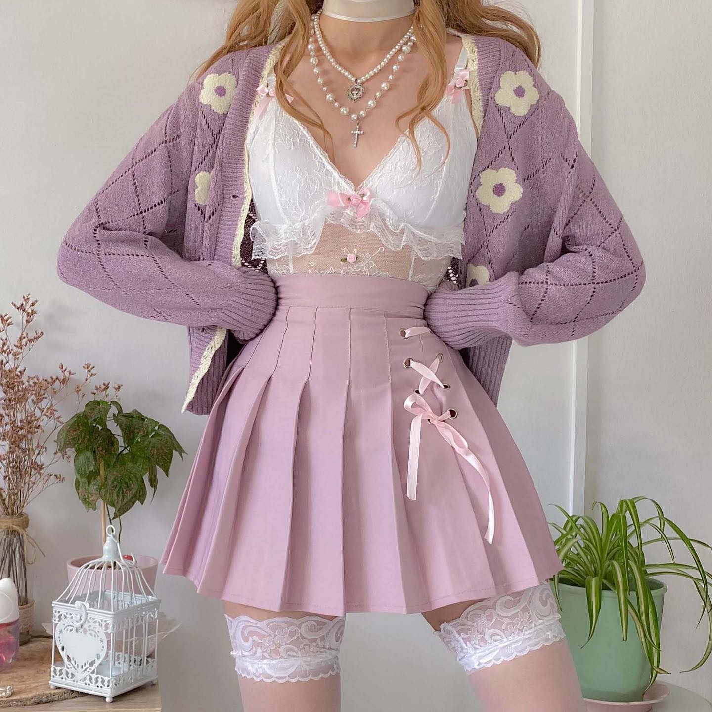 Dollette Kawaii Pink Pleated Skirt High Waist