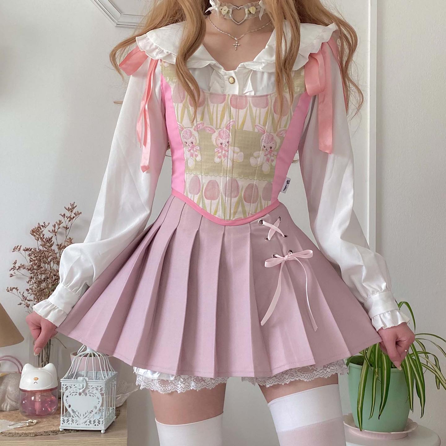 Dollette Kawaii Pink Pleated Skirt High Waist