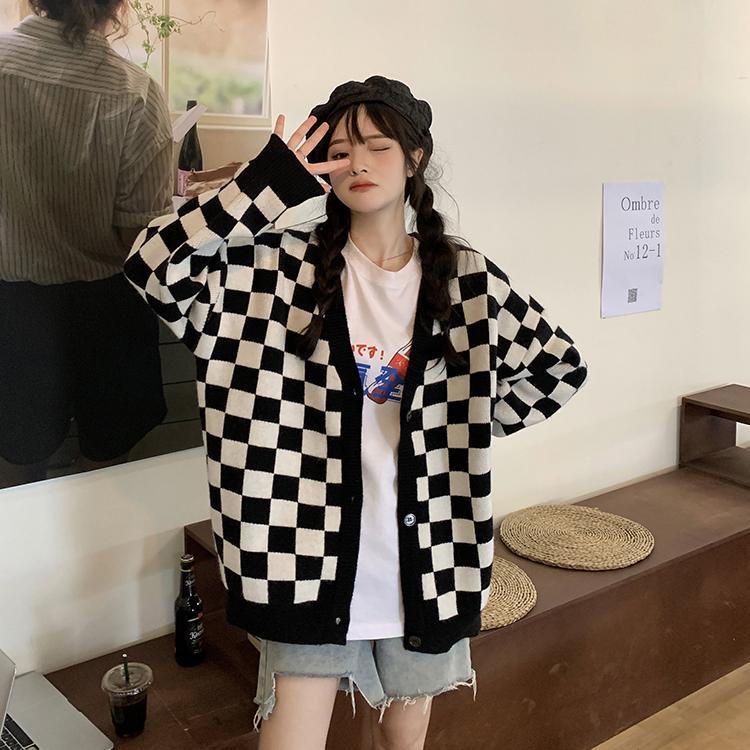 Checkerboard Knitted Long Sleeves Cardigan