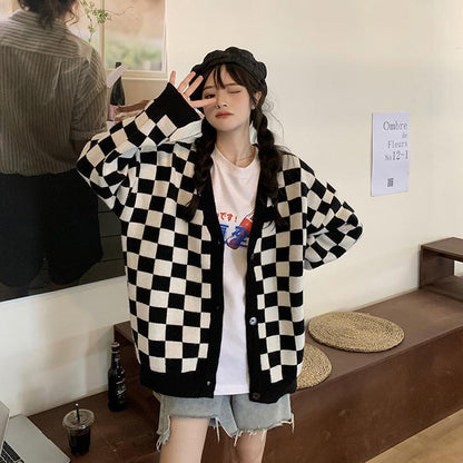 Checkerboard Knitted Long Sleeves Cardigan