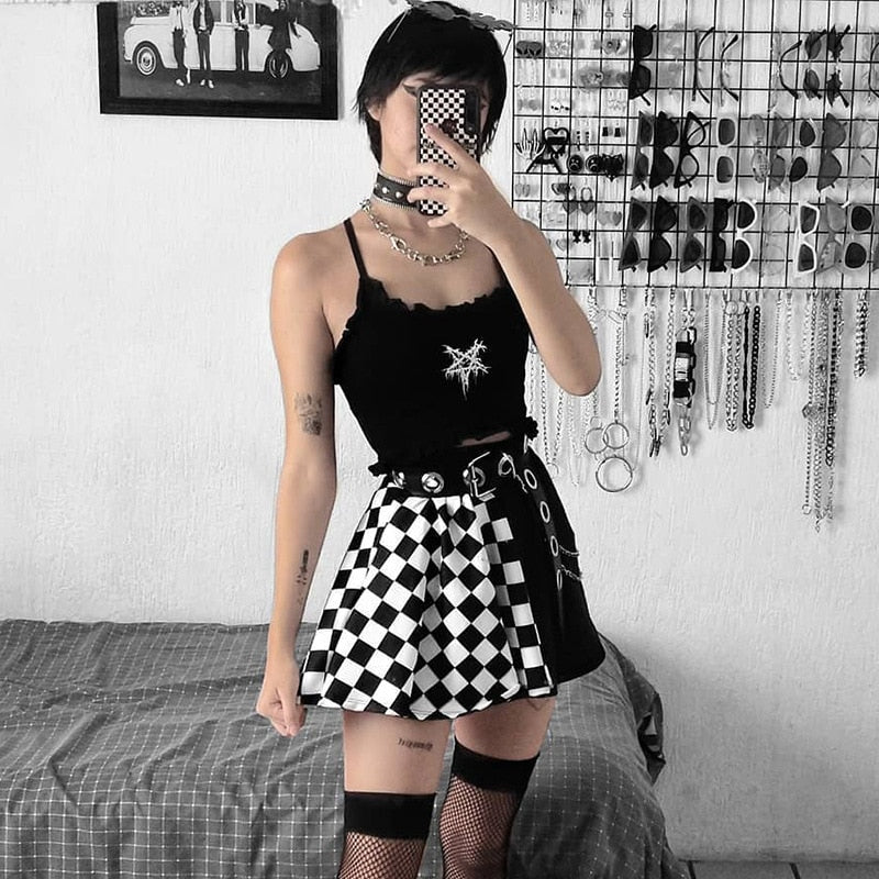 Egirl Skirt Punk Rock Checker Patchwork Black White Aesthetic