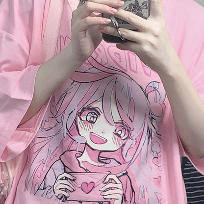 Kawaii Anime T-Shirt Happy Girl Pink