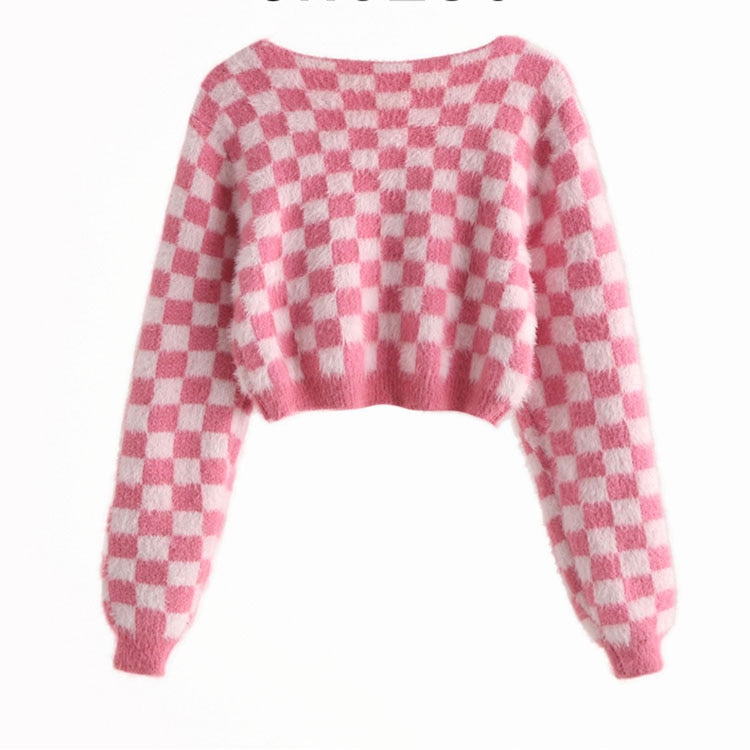 Pink Checker Knitted Cardigan