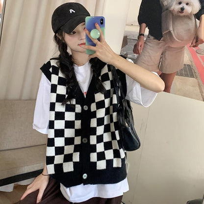 Wednesday Addams Checkerboard Knitted Sweater