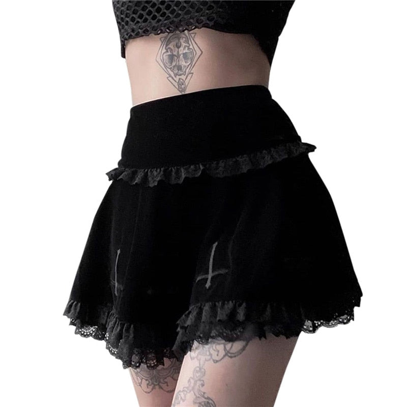 Velvet Cross Gothic Black Lace Skirt