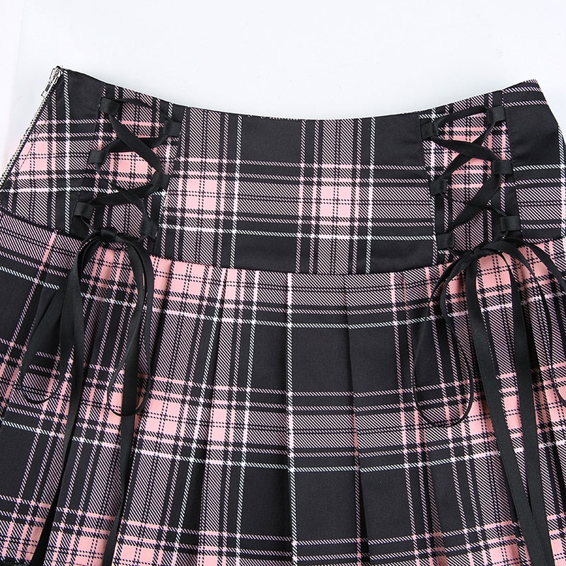 Dollette Goth Pink Plaid Pleated Skirt Lace Trim