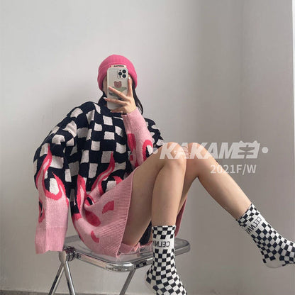 Korean Streetwear Flame Sweater Black Pink