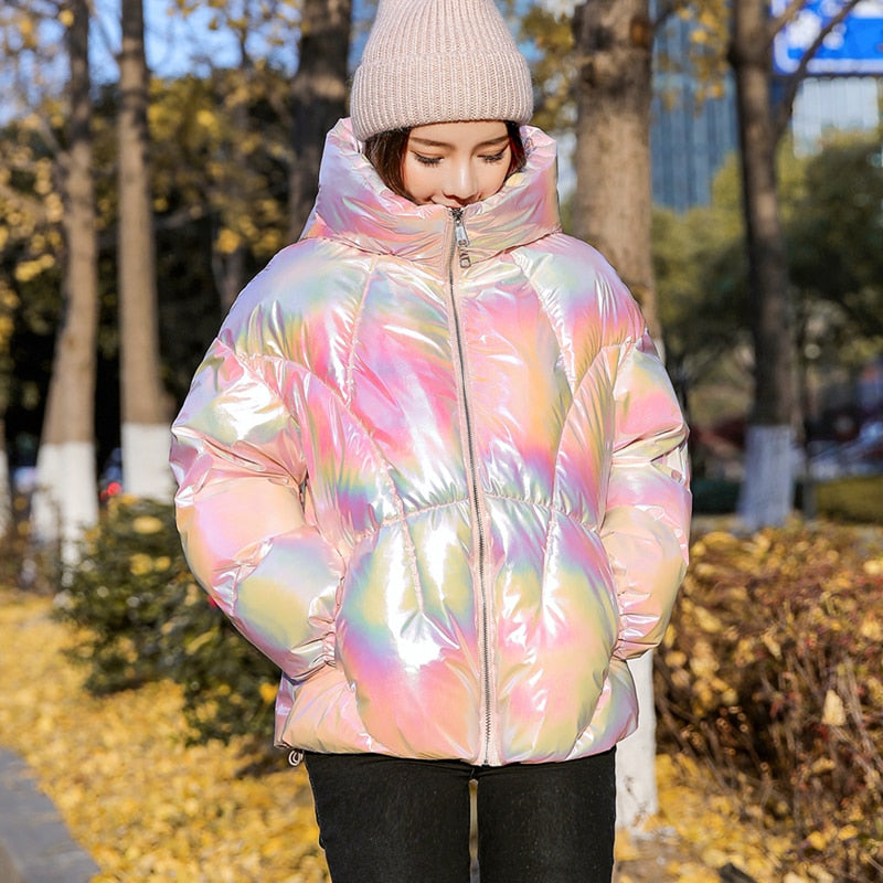 Holographic Glossy Short Puffer Jacket