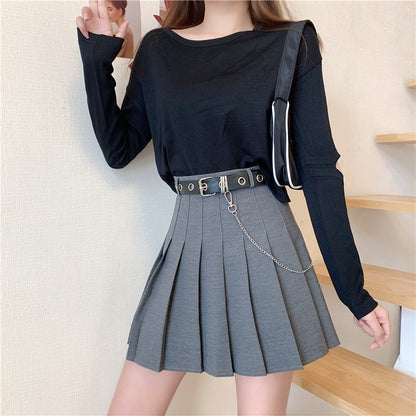 Simple Pleated Skirt with Belt Gray