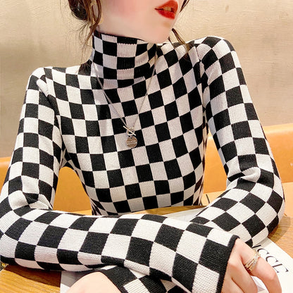 Aesthetic Checkerboard Knit Turtleneck Sweater