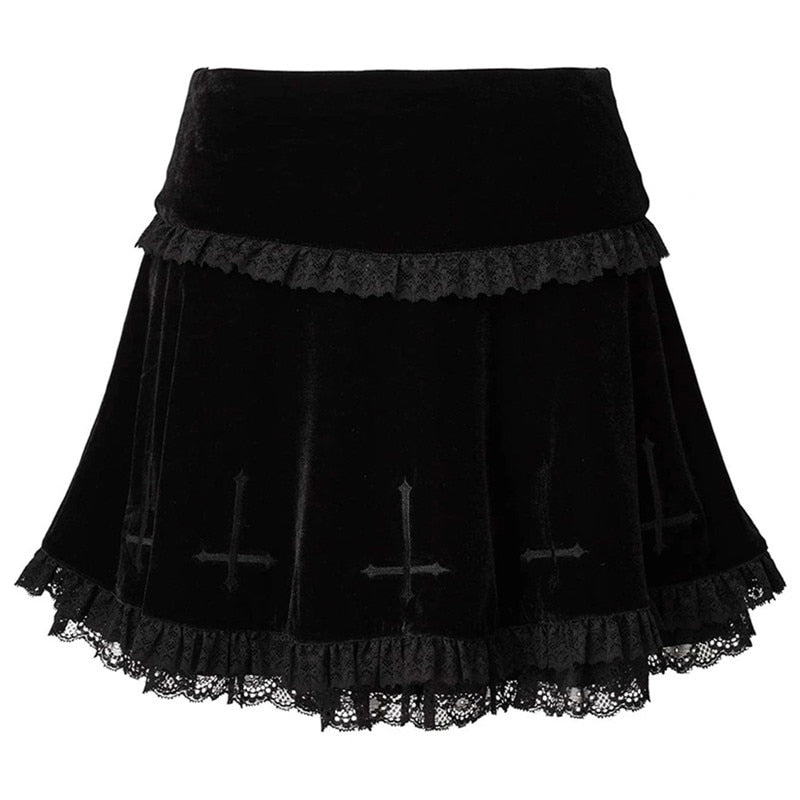 Velvet Cross Gothic Black Lace Skirt