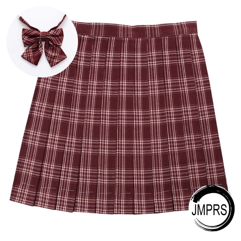 Preppy Pleated Plaid Skirt with Bow Dark Red