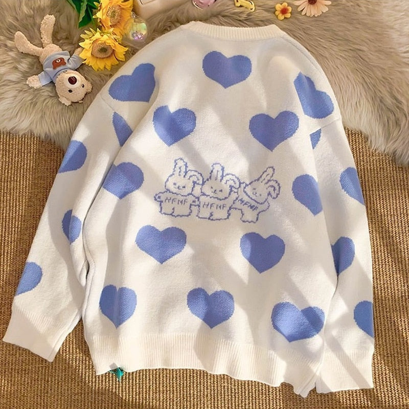 Kawaii Aesthetic Blue Bunny Hearts Sweater