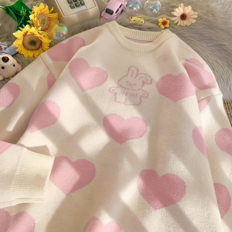 Kawaii Aesthetic Pink Bunny Hearts Sweater