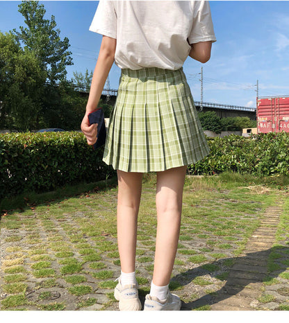 Green Pleated Plaid Korean Skirt
