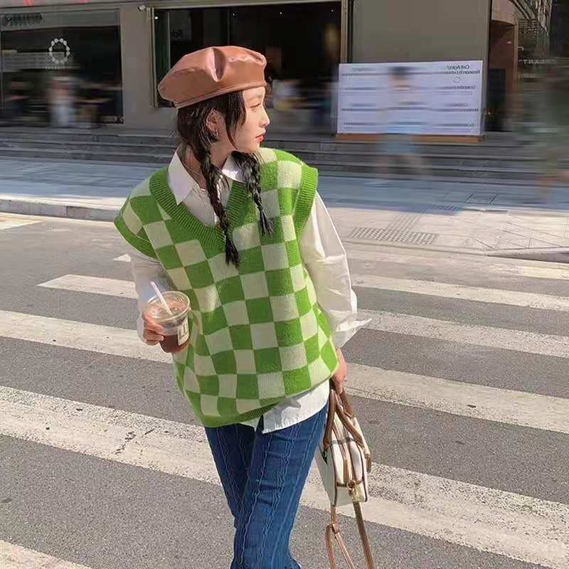 Checkerboard Knitted Sweater Green