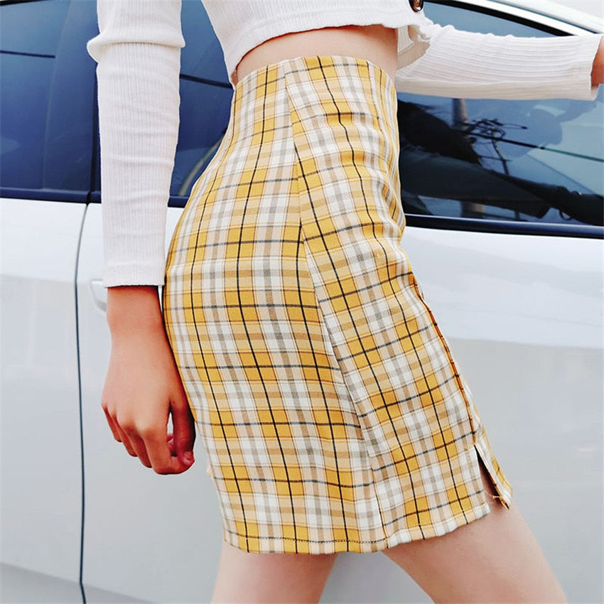 Vintage Plaid Side Split Mini Skirt Yellow
