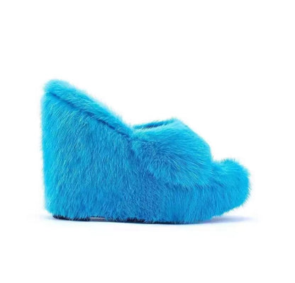 Faux Fur Slippers Wedge Heels