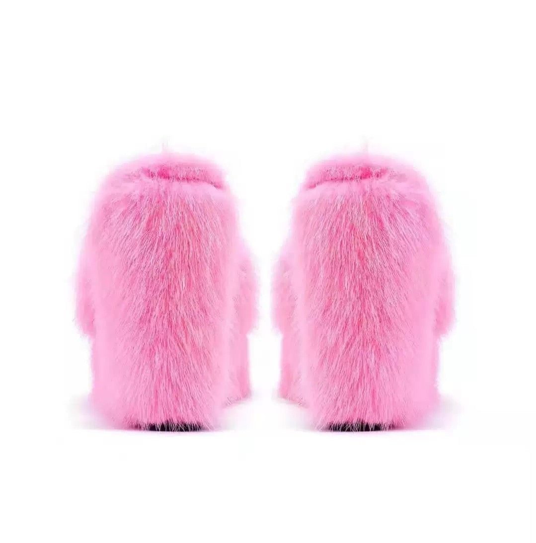 Faux Fur Slippers Wedge Heels